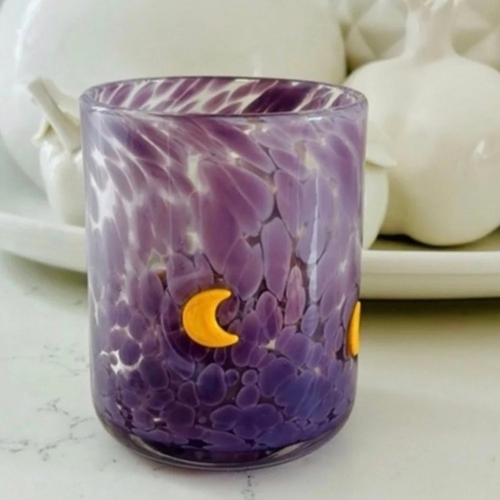 Anthropologie Purple Confetti Glass Tumbler Yellow Crescent Moon Celestial New